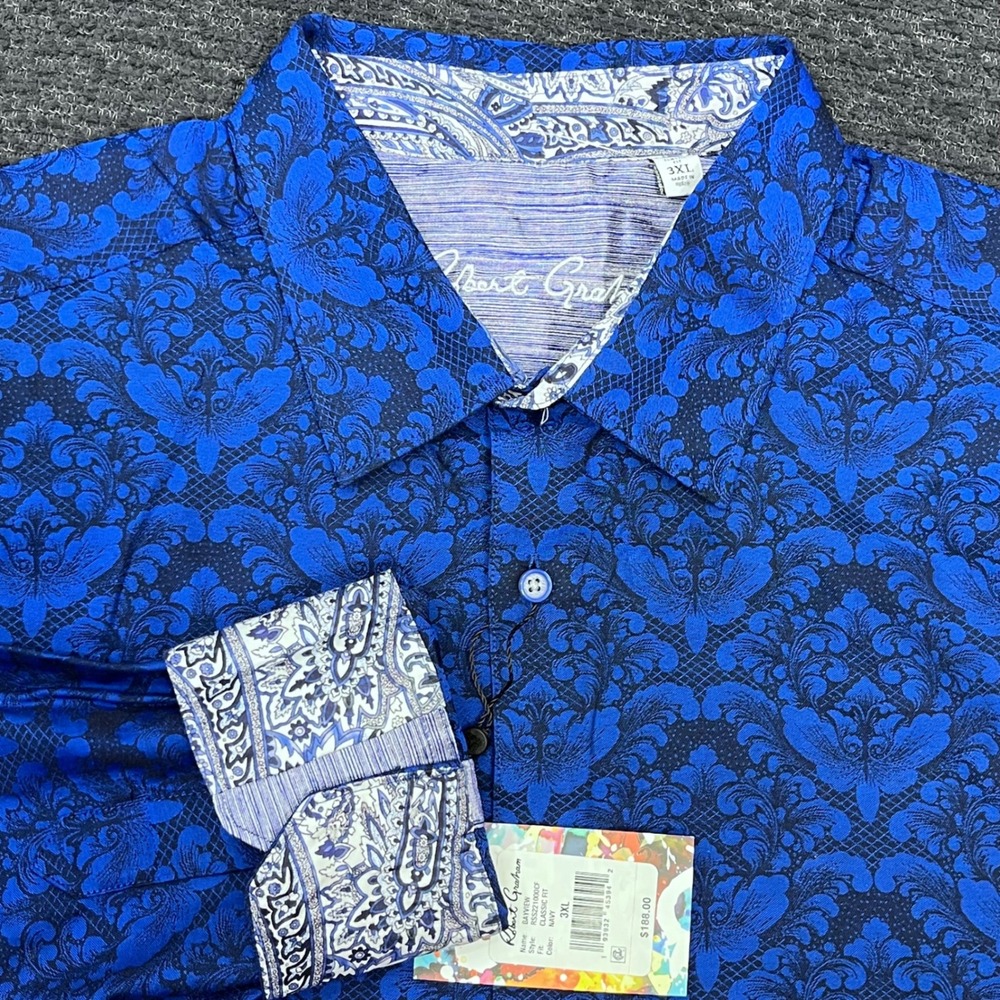 Robert Graham Bayview Down Shirt 3XL ClassicFit Navy Damask Jacquard Long Sleeve